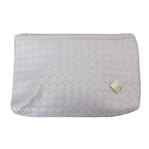 Silver Gray Metallic Faux Leather Woven Zipper Cosmetic Bag Pouch Flower Logo